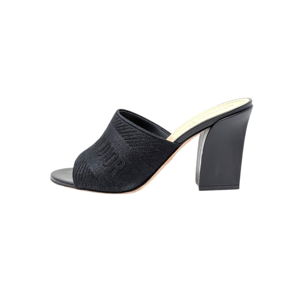 Christian Dior Dway Heeled Slide Mule Sandals Black Cotton Embroidered 37.5